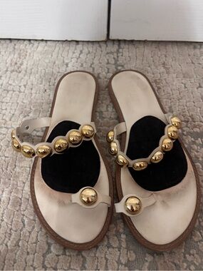 Schutz Stud-Embellished Cream Slide Sandals with Gold Accents size 7